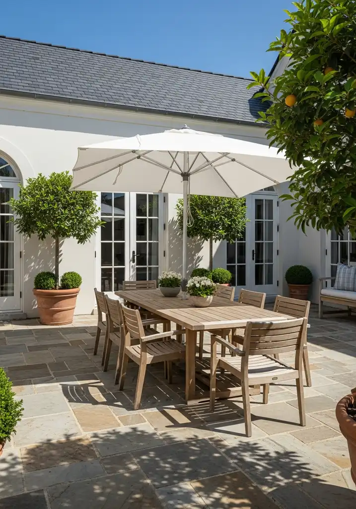 Spacious outdoor dining area with wooden table and chairs under a large umbrella