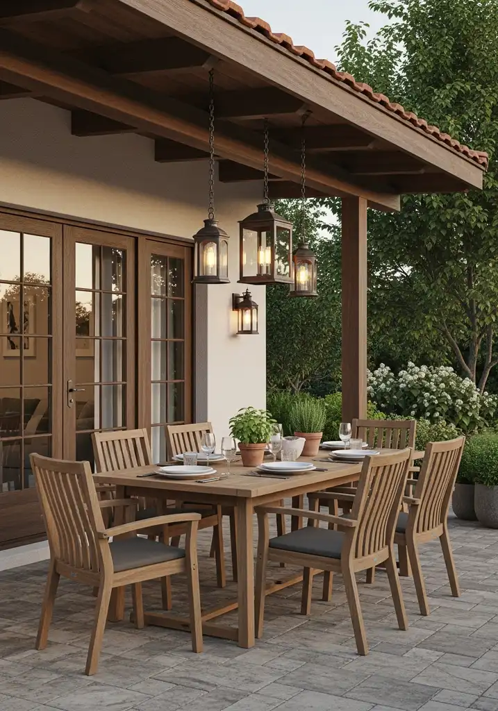 Teak outdoor dining table and chairs on a patio.