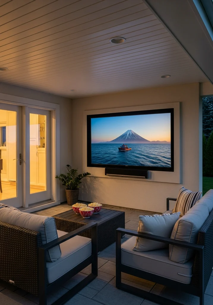 Outdoor entertainment zone with large TV and comfortable seating