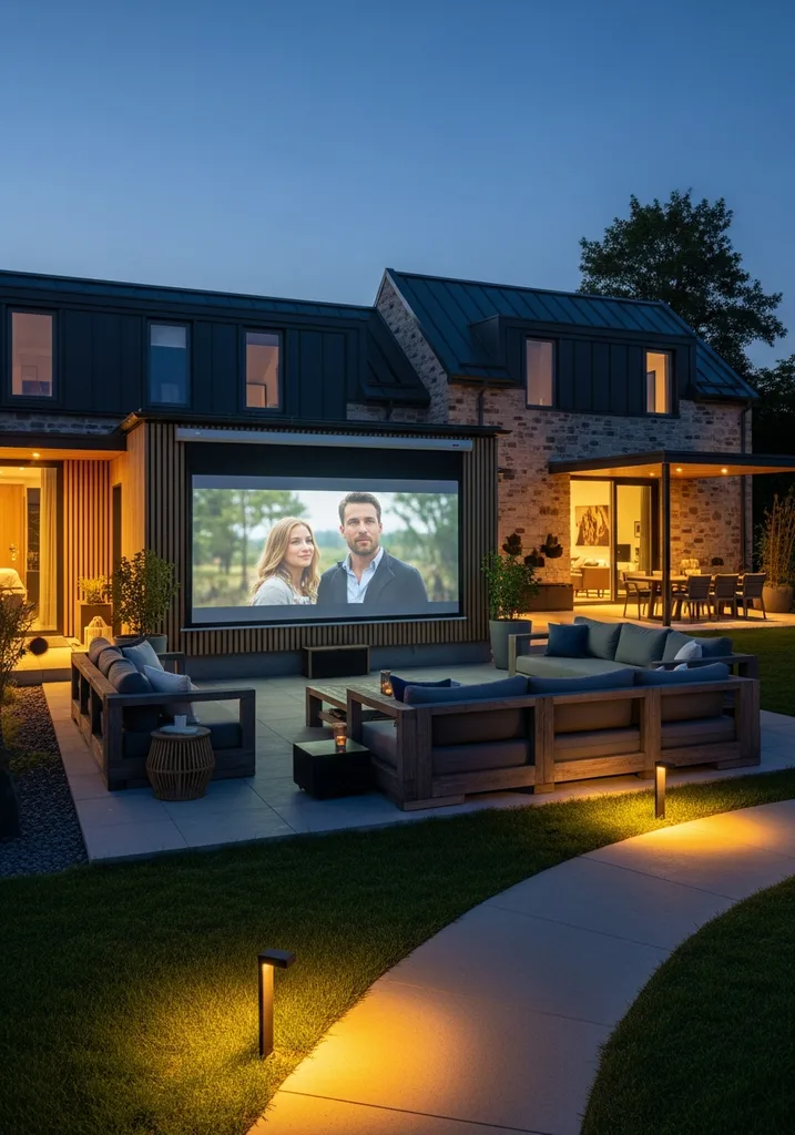 Outdoor home theater with projection screen and lounge seating.