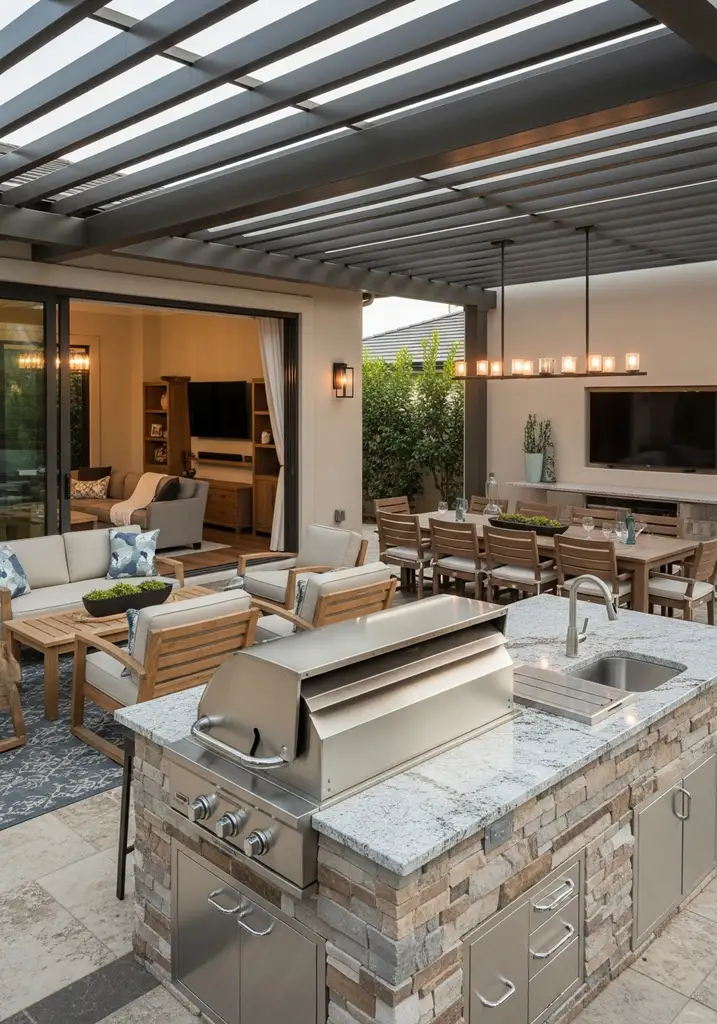 Modern outdoor kitchen with grill and dining area under a pergola