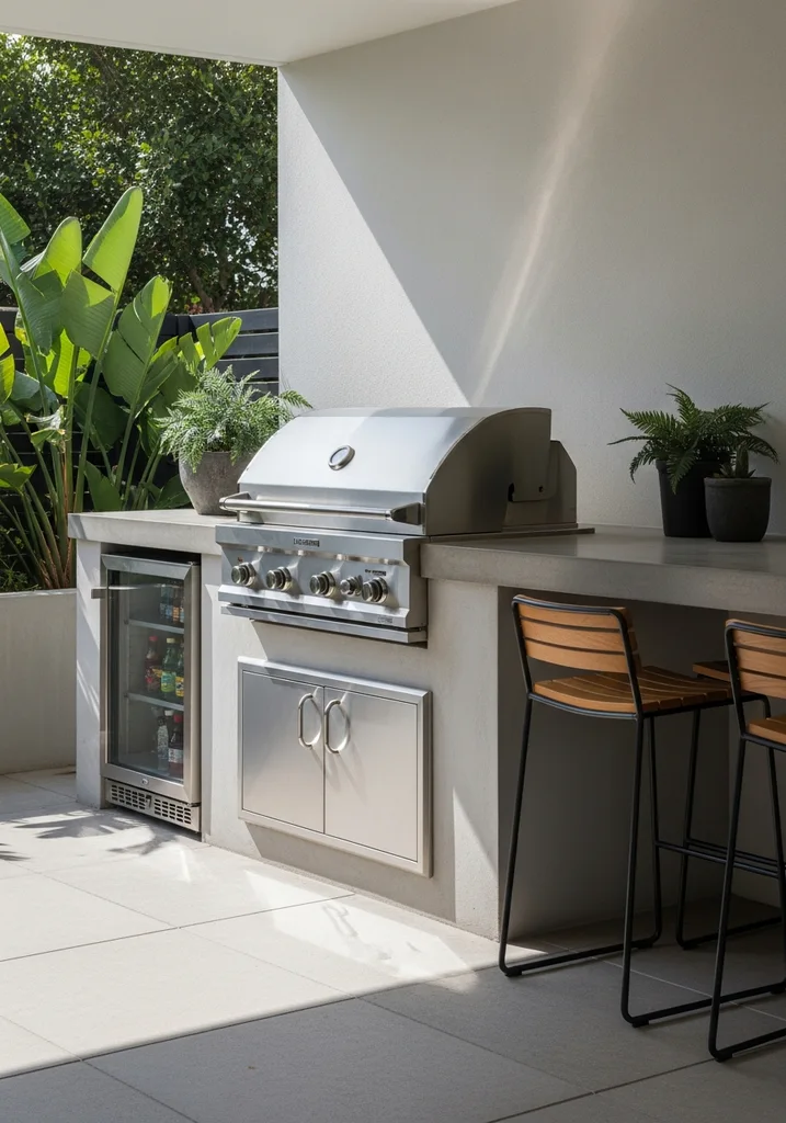 Modern outdoor kitchen with grill, refrigerator, and concrete countertop