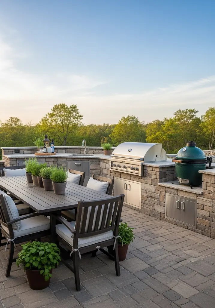 Outdoor kitchen with grill, stone countertops, and dining table