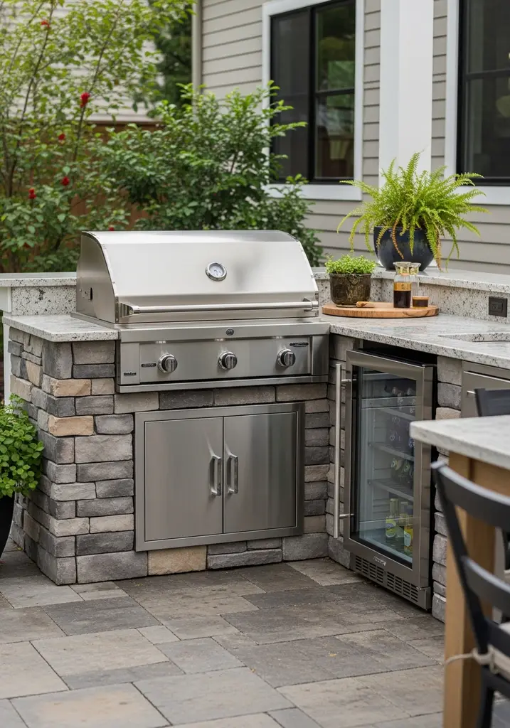 Luxurious outdoor kitchen with grill and granite countertops