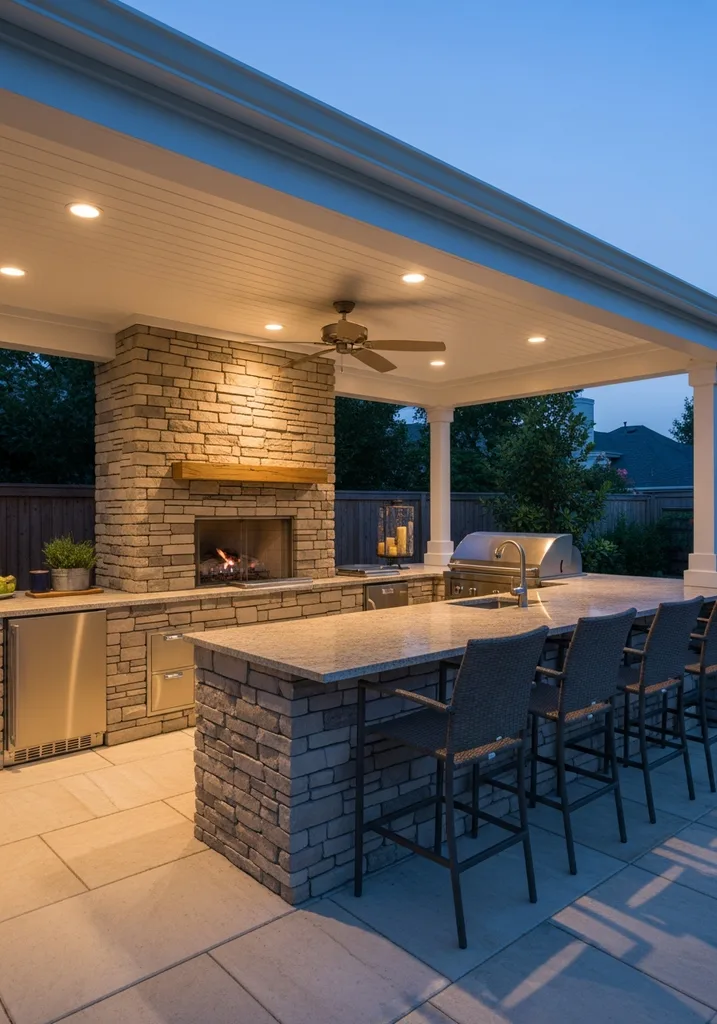 Outdoor kitchen with built-in stone fireplace and dining area
