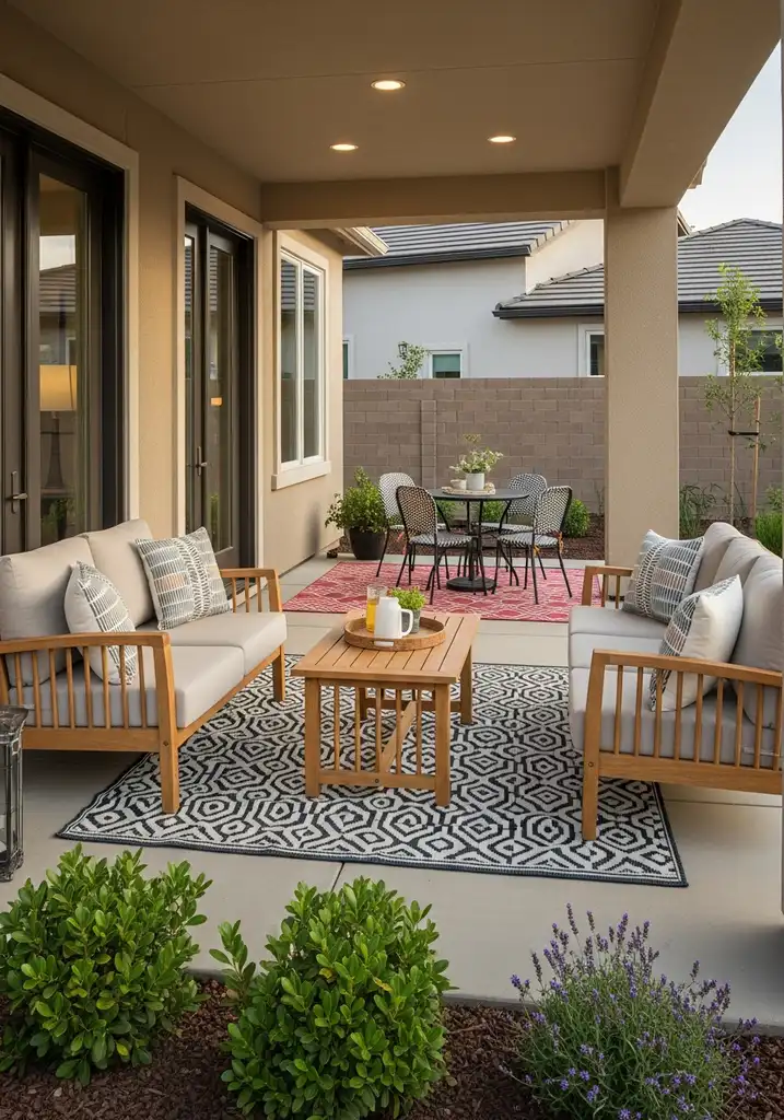 Patterned outdoor rug defining a small patio seating area.