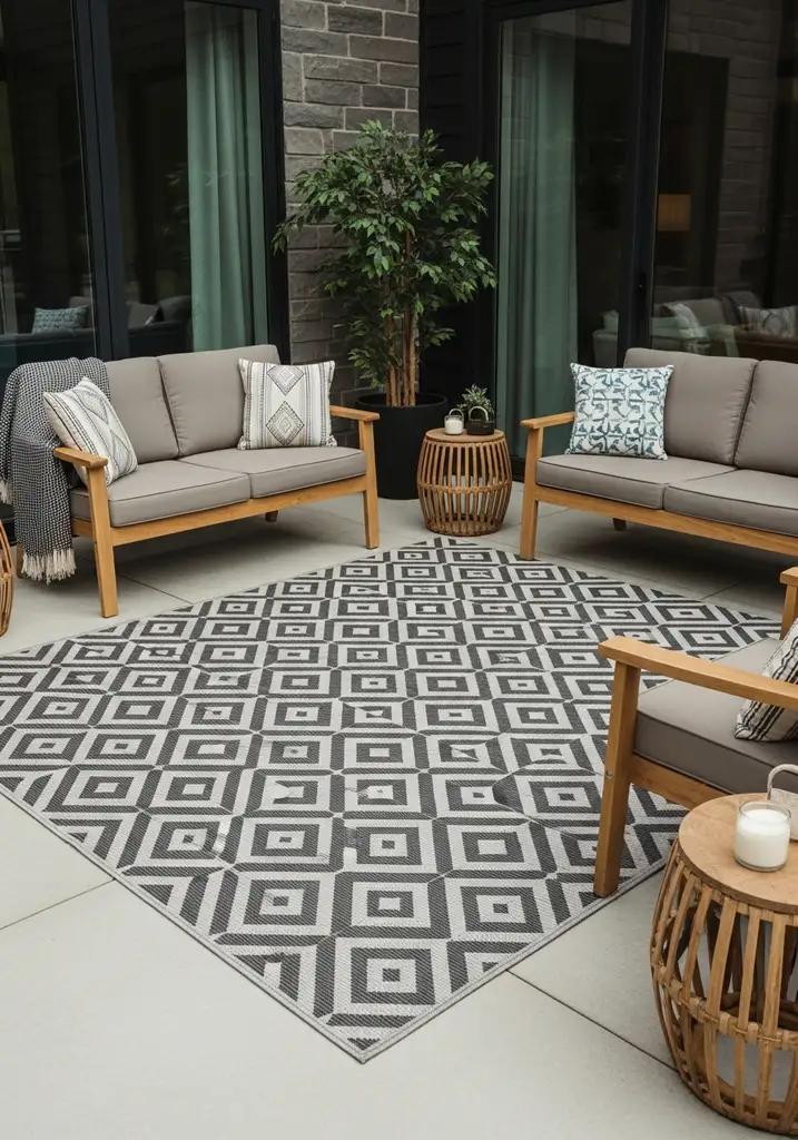 Outdoor living area with a large geometric pattern outdoor rug