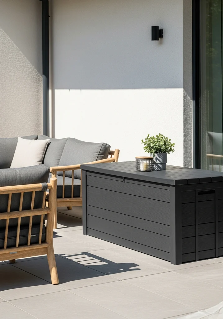 Dark grey resin outdoor deck storage box.