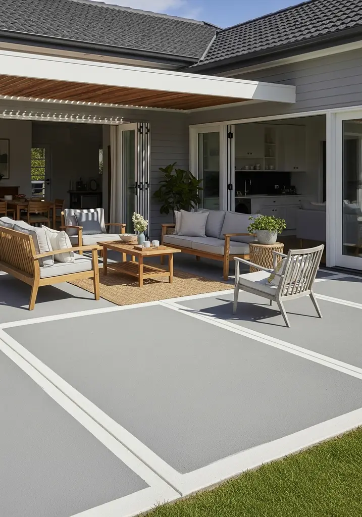 Concrete patio freshly painted in a modern light gray color.