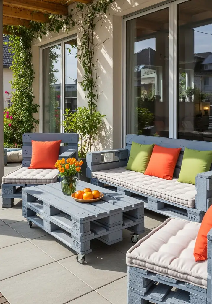 Outdoor seating area with upcycled pallet furniture and bright cushions.