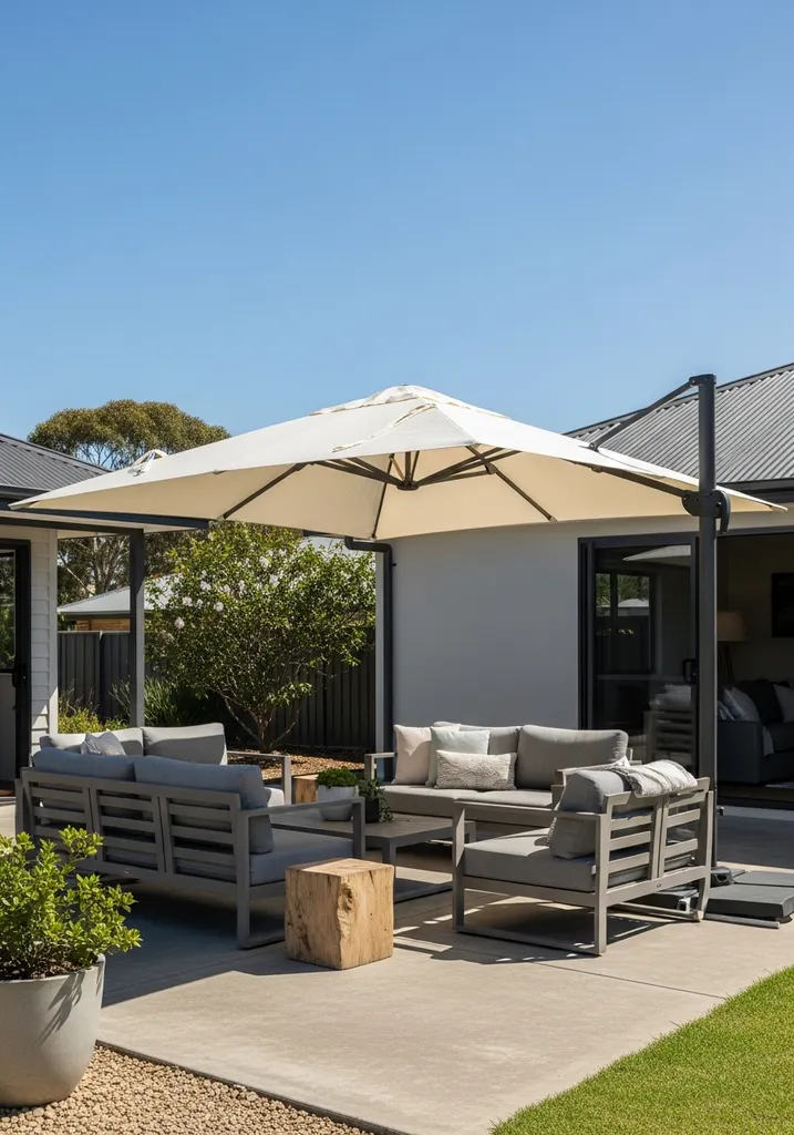 Large cream cantilever patio umbrella over a lounge area.