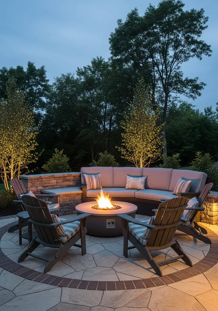 Stone patio with a fire pit and Adirondack chairs at dusk