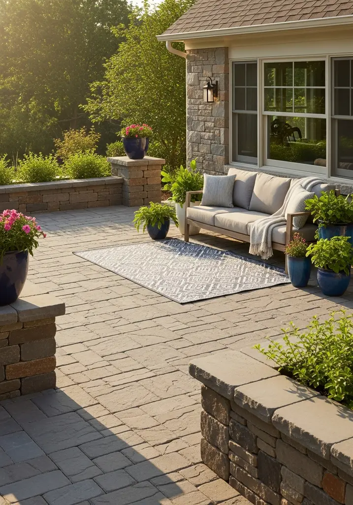 Bluestone paved patio with outdoor sofa and rug
