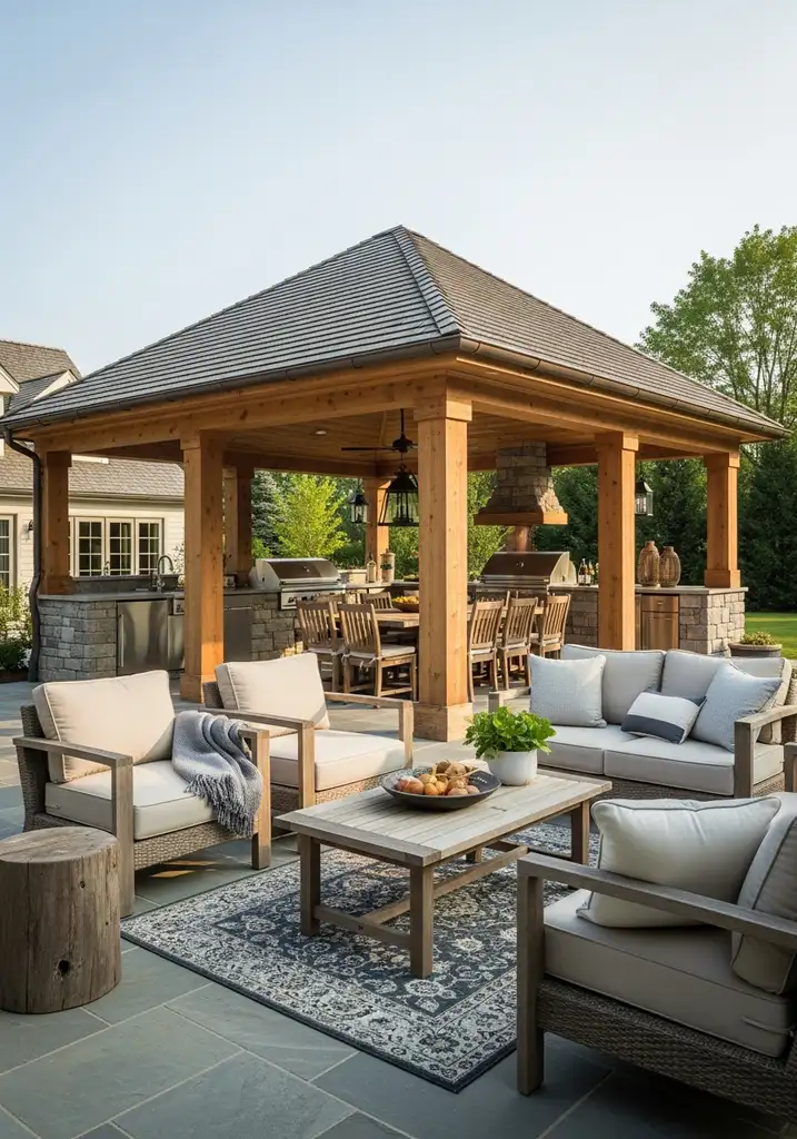 Large wooden pavilion gazebo covering an outdoor kitchen