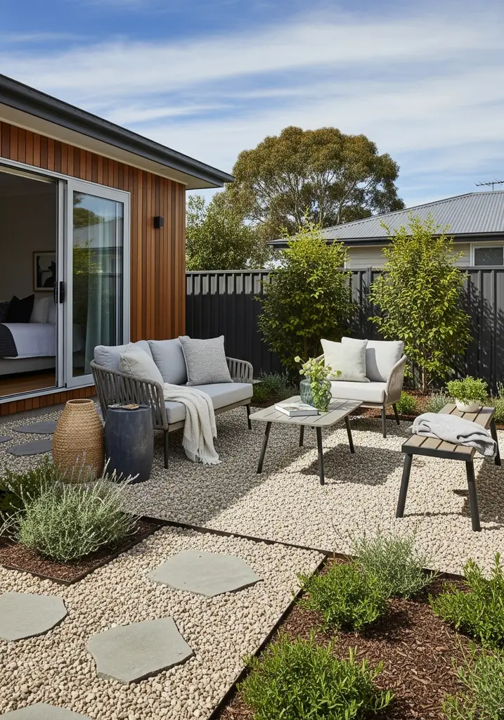 Budget-friendly pea gravel patio with a natural, rustic appearance.