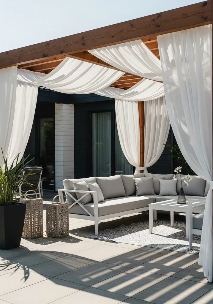 Pergola covered lounge with sheer curtains and sectional