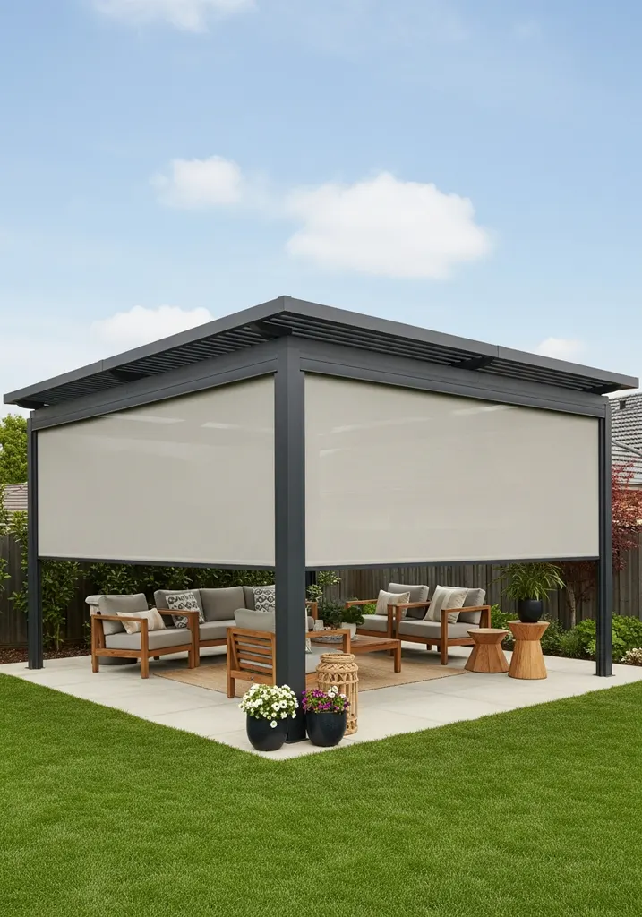 Pergola-gazebo hybrid with retractable canopy for versatile shade