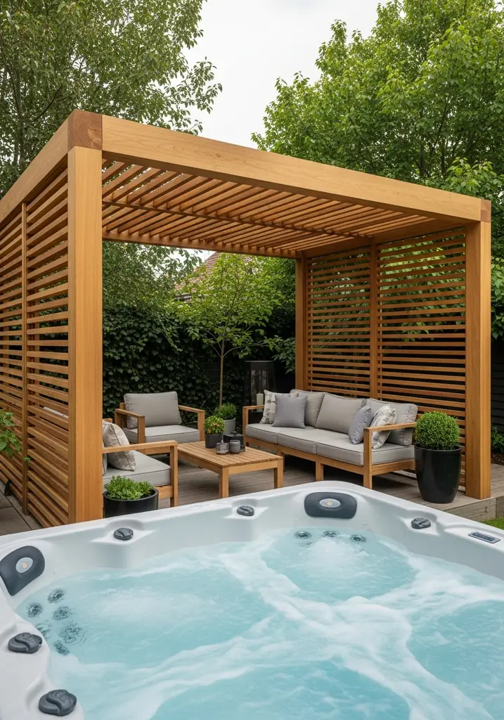 Wooden pergola providing privacy and shade over an outdoor hot tub.