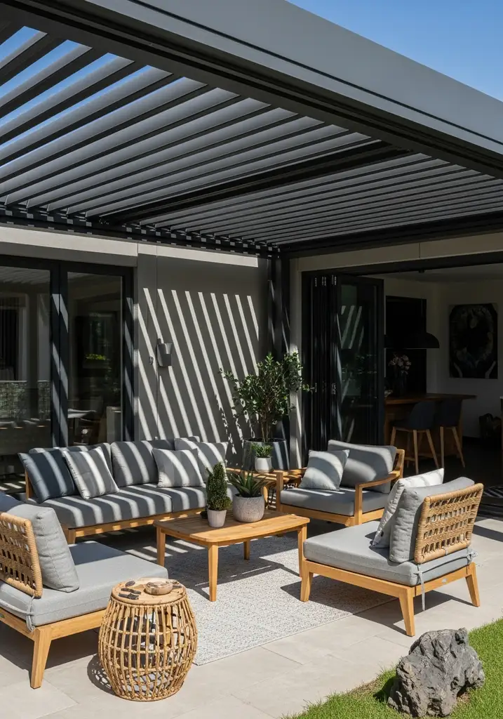 Modern pergola with adjustable louvered roof for sun and rain control.