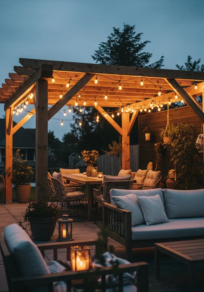Wooden pergola decorated with warm ambient string lights for evening ambiance.
