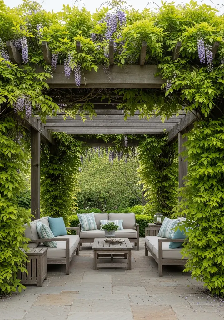 Wooden pergola covered in beautiful purple Wisteria vines, providing natural shade.
