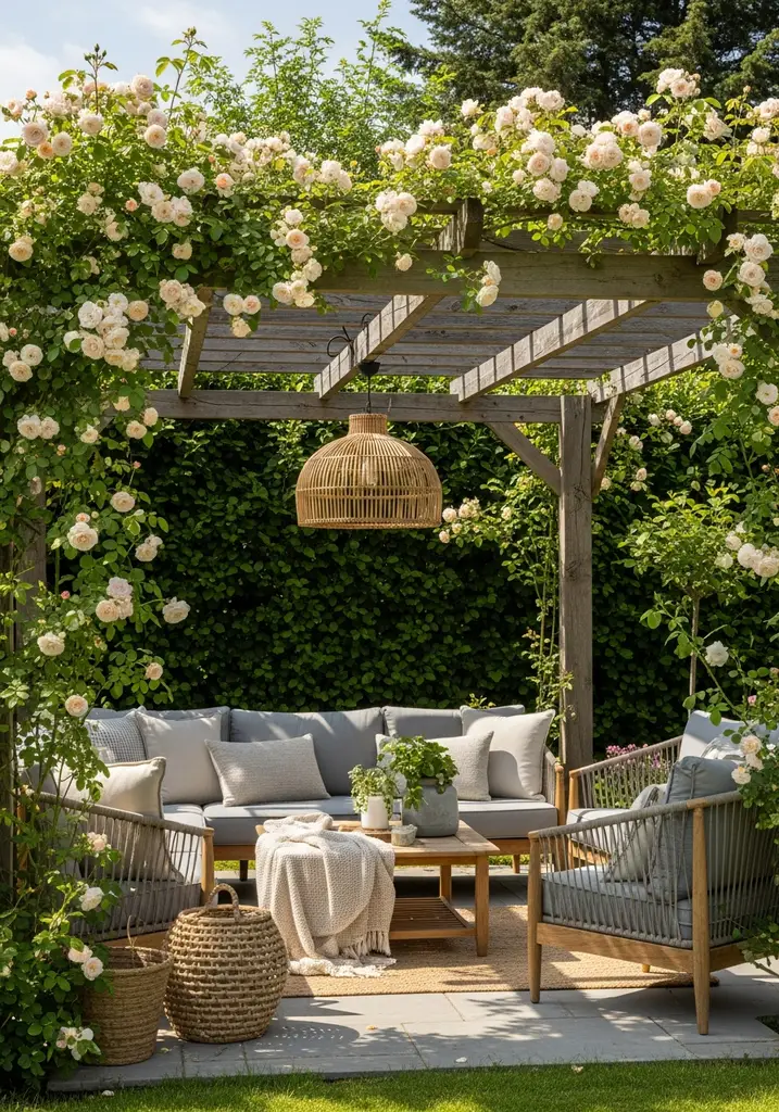 Wooden pergola covered in climbing roses offering shade