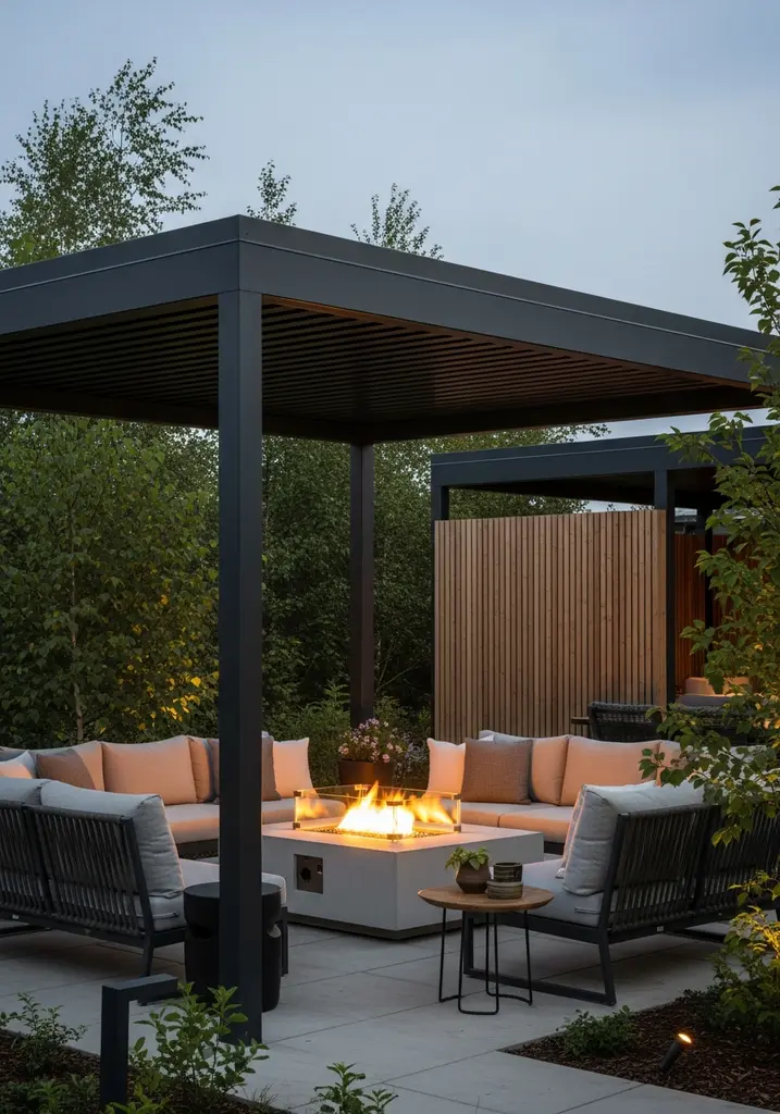 Modern metal pergola creating an intimate gathering space around a fire pit.