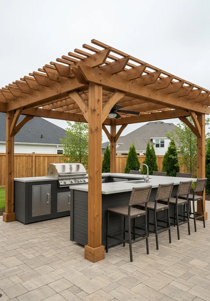 Wooden pergola providing shade over a complete outdoor kitchen setup.