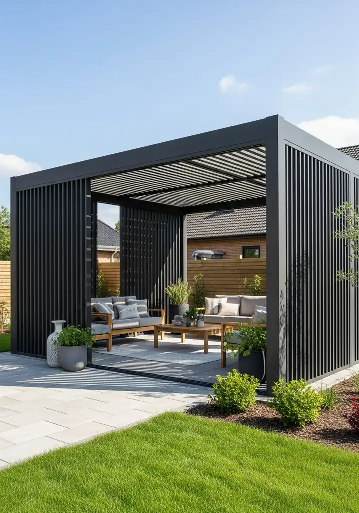 Modern pergola with dark composite privacy screens creating a secluded lounge area.