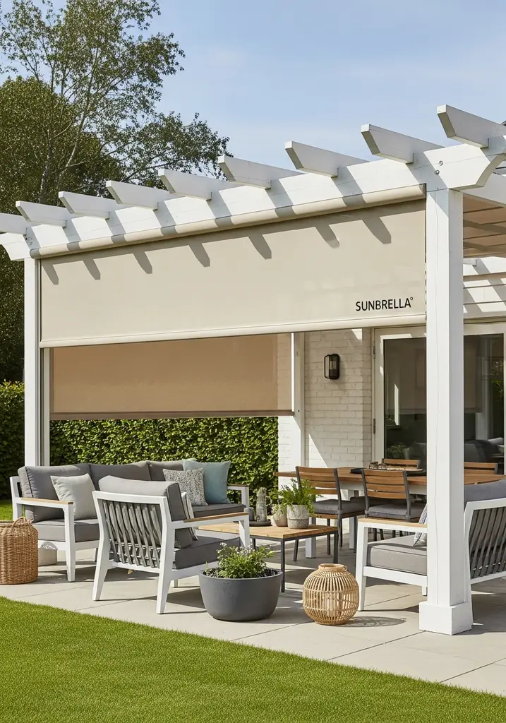 Wooden pergola with a beige Sunbrella retractable canopy for flexible shade.