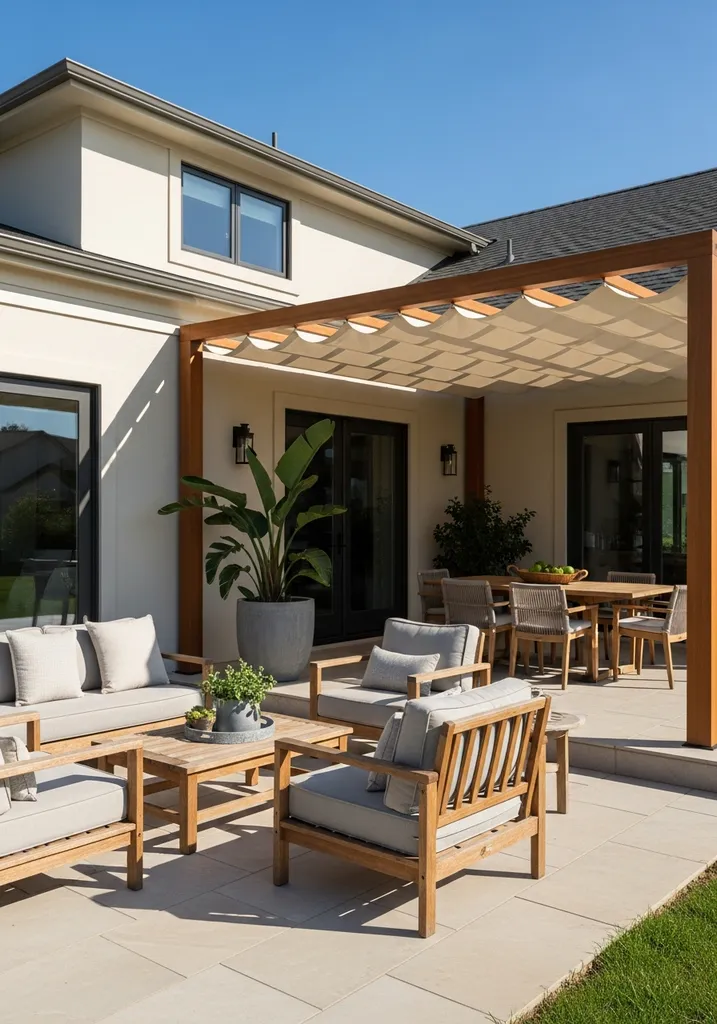 Wooden pergola with retractable canopy over an outdoor dining area