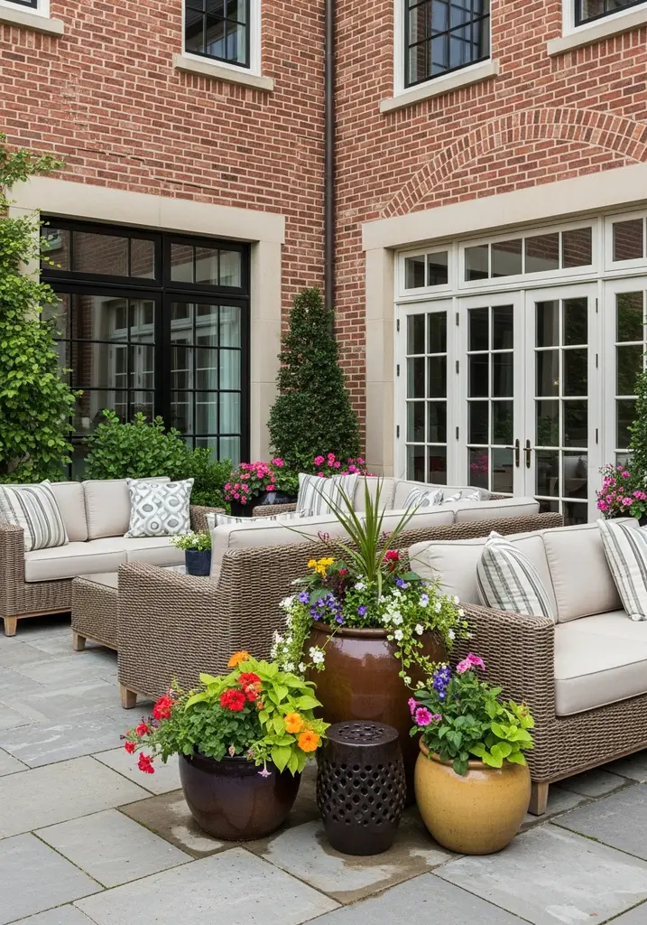 Assortment of planters with colorful flowers and green plants on a patio