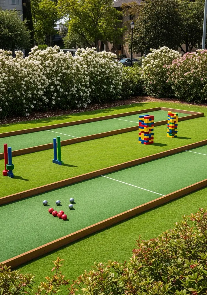 Lawn area with bocce ball court and giant Jenga blocks for outdoor games