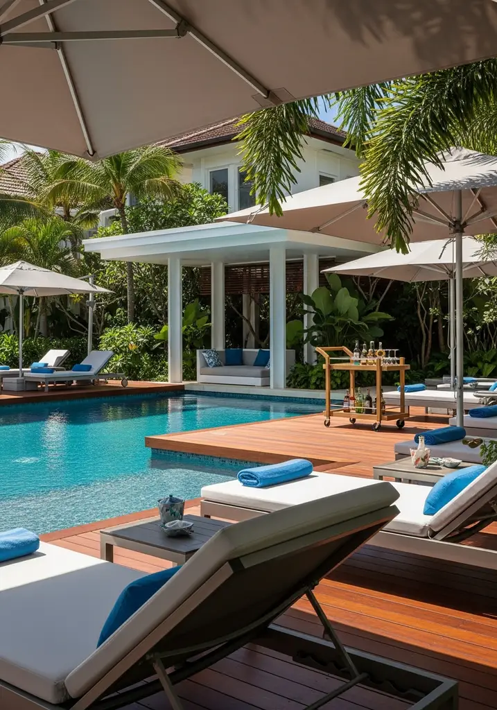 Luxurious poolside lounge with chaise lounges and umbrellas