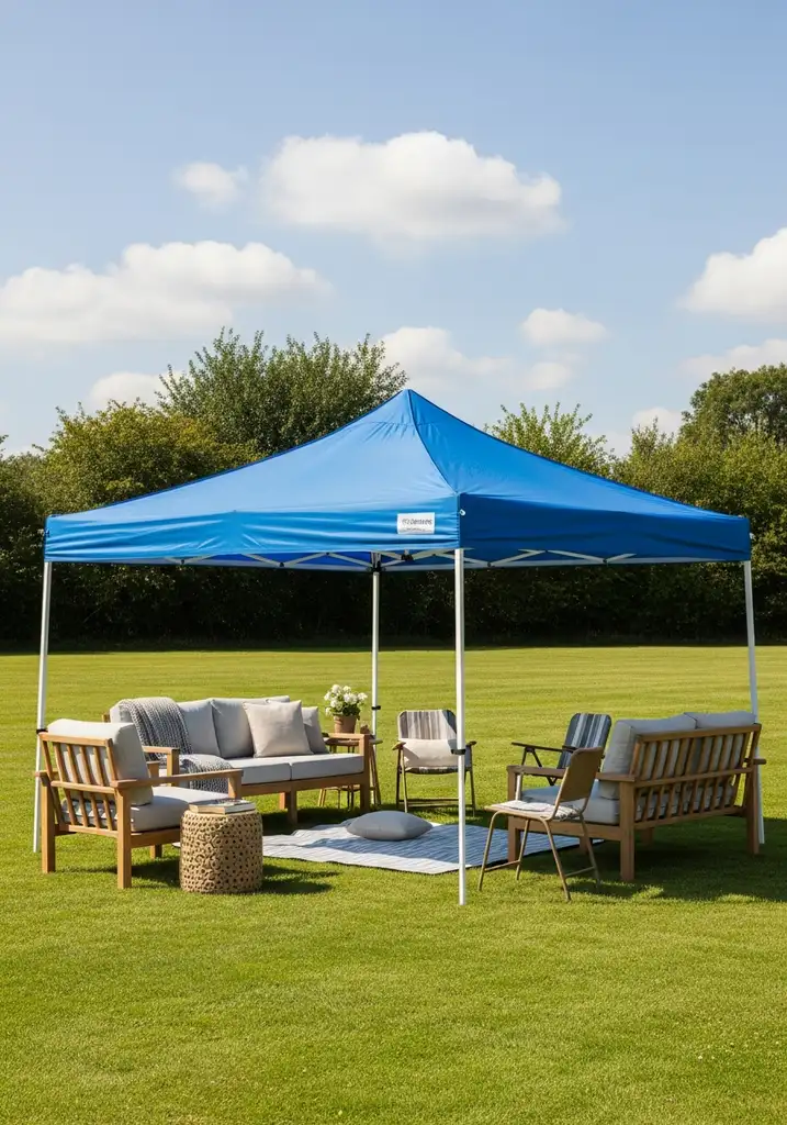 Portable blue pop-up gazebo on a grassy field