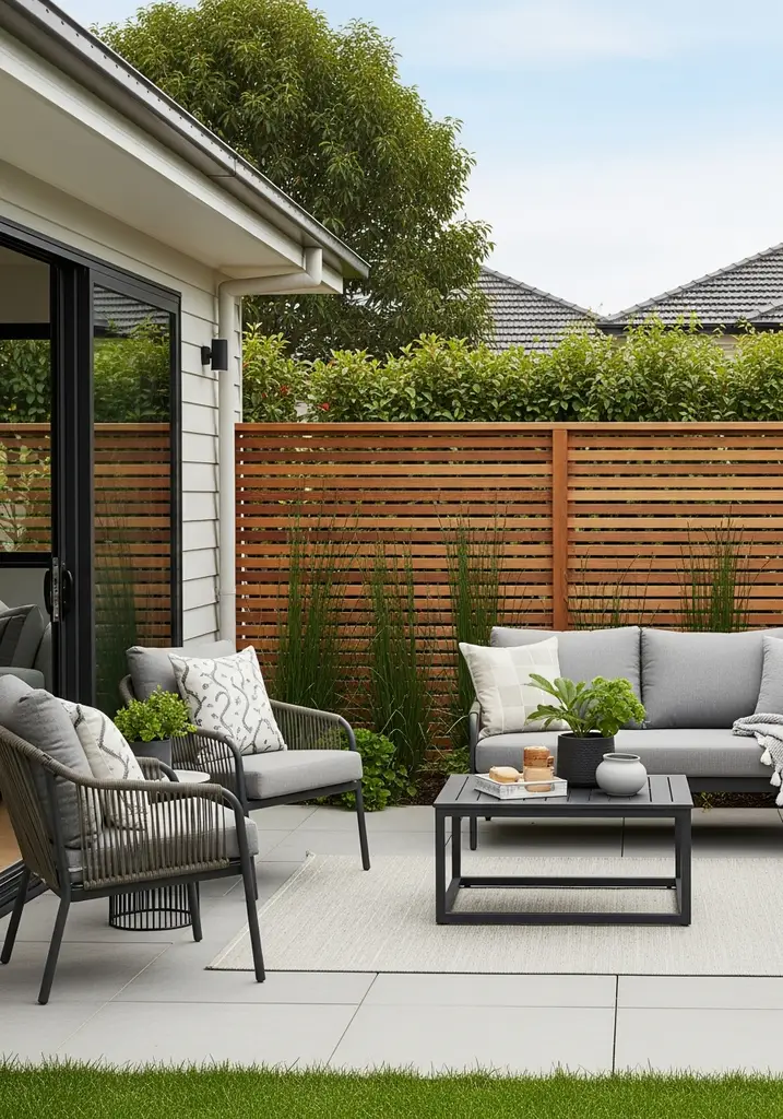 Modern slatted wooden privacy screen in an outdoor patio