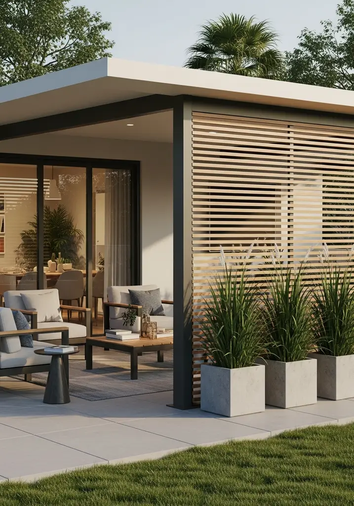 Modern outdoor patio with slatted wooden privacy screen and potted plants
