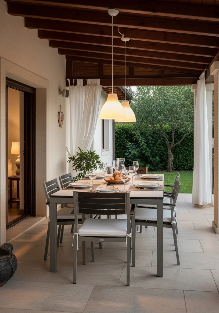 Elegant private dining patio with covered area and chandelier.