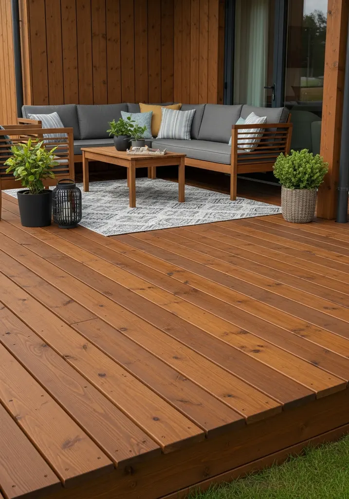 Freshly stained wooden deck with outdoor rug and plants