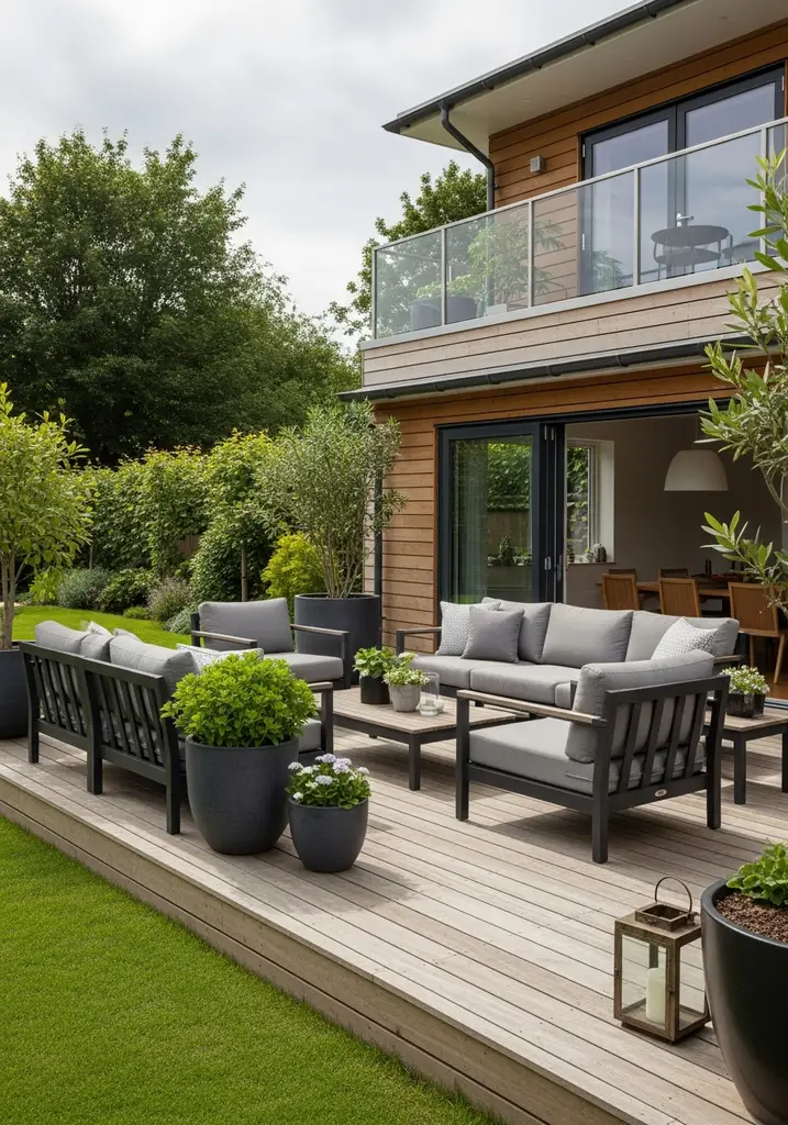 Spacious wooden lounge deck with comfortable outdoor furniture