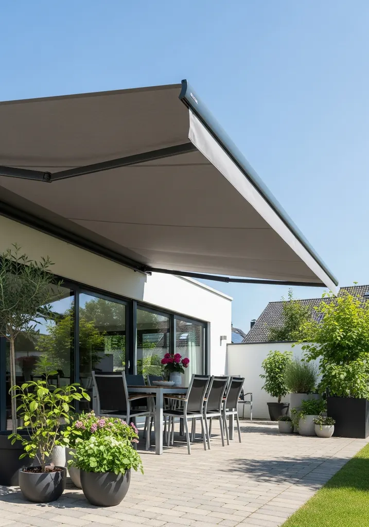 Patio with a large retractable awning extended over an outdoor dining set