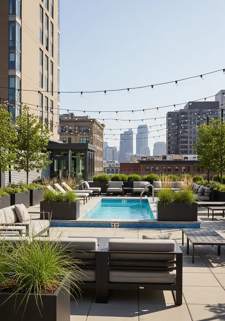 Rooftop pool lounge with a plunge pool, modern furniture, and city skyline views.