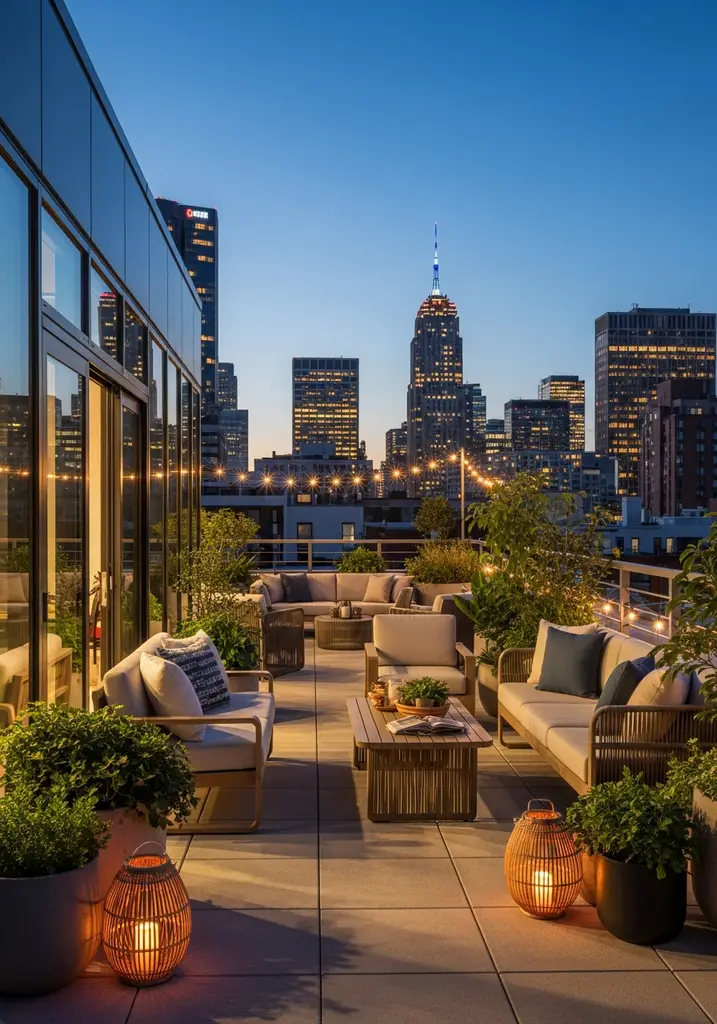 Urban rooftop terrace with planters and city views.