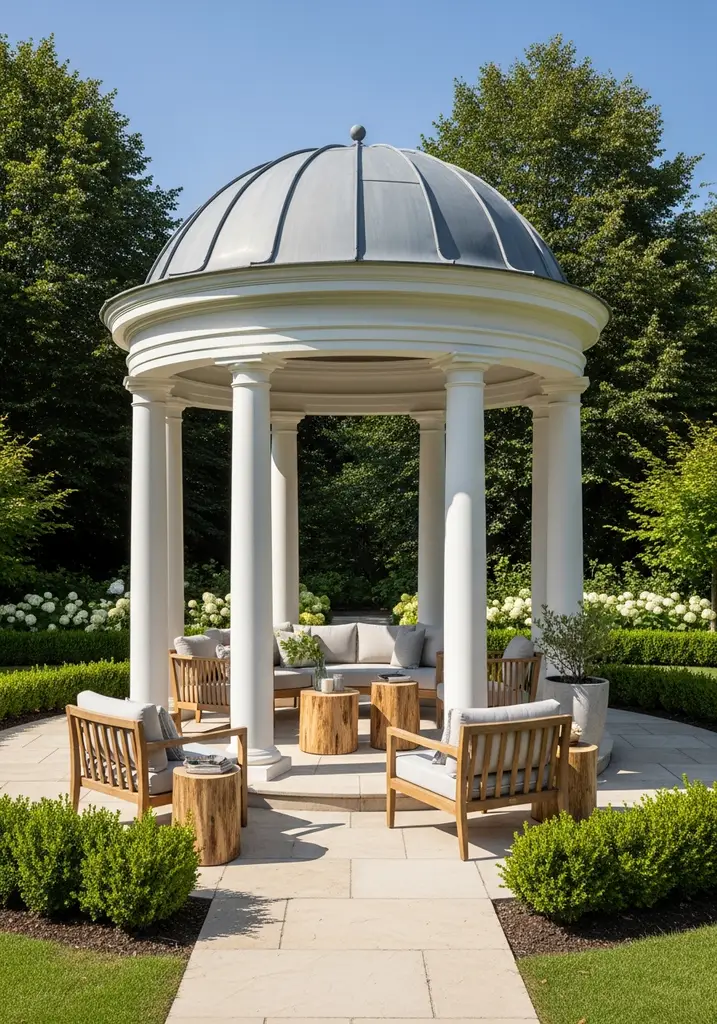 White rotunda gazebo with domed roof and classical columns