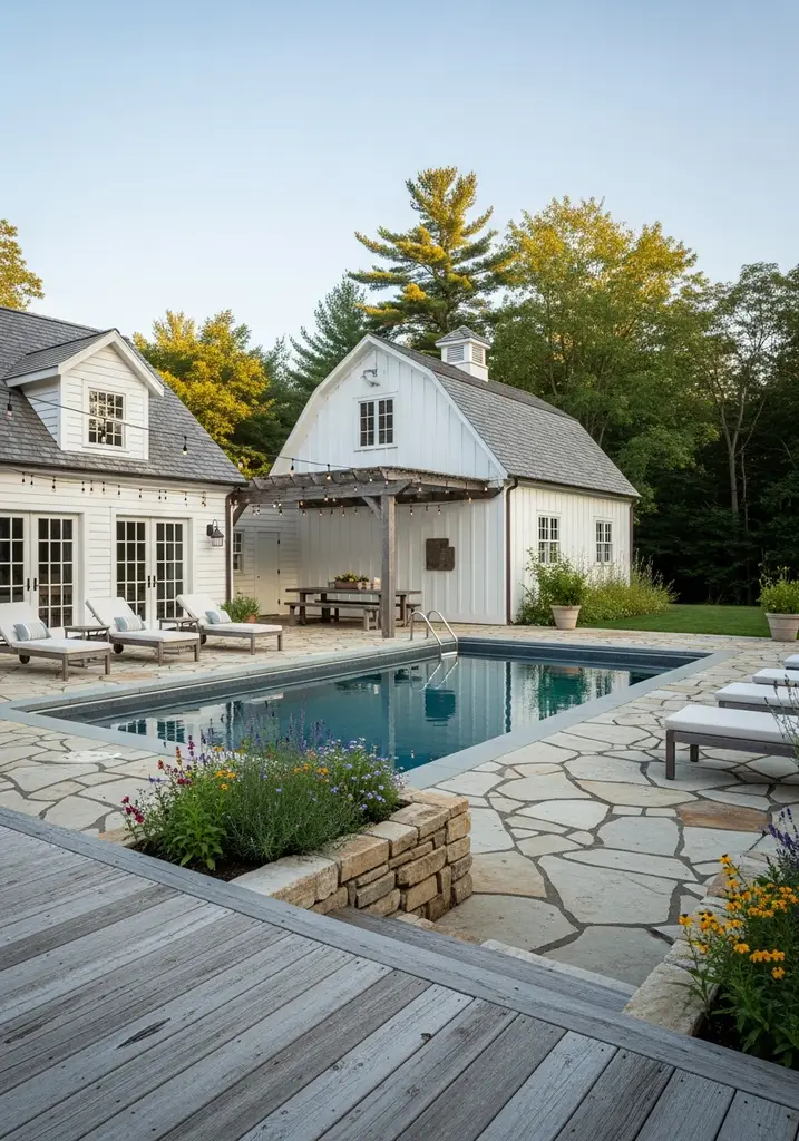 Rustic farmhouse outdoor living space with a rectangular pool, stone patio, weathered wood deck, and a barn-style pergola.