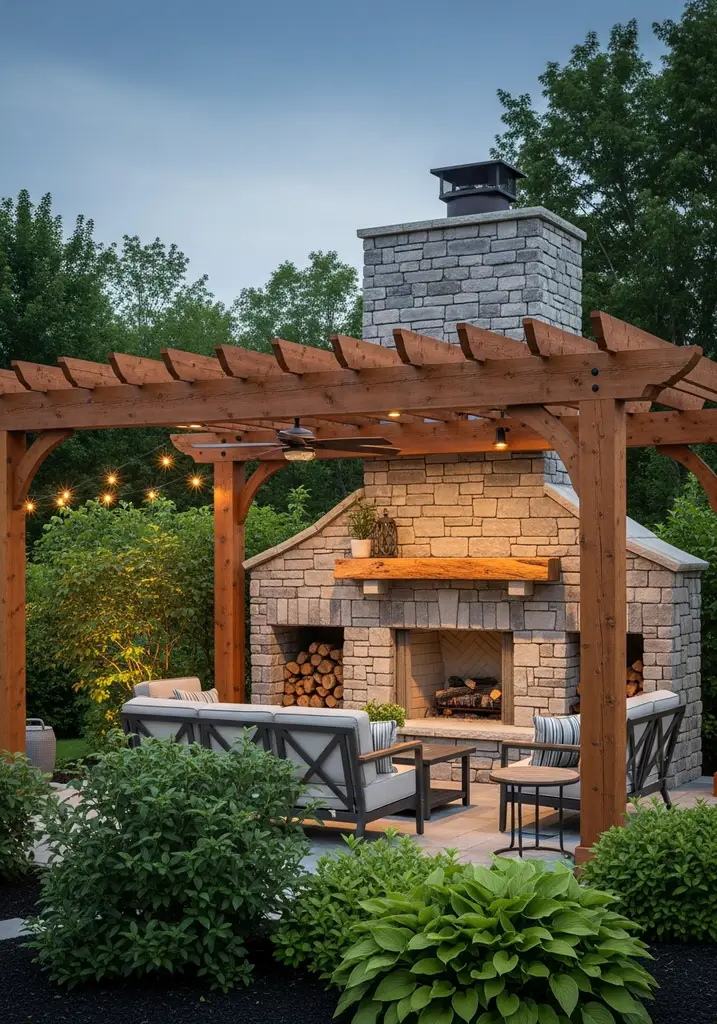 Rustic stone fireplace under a wooden pergola with outdoor seating