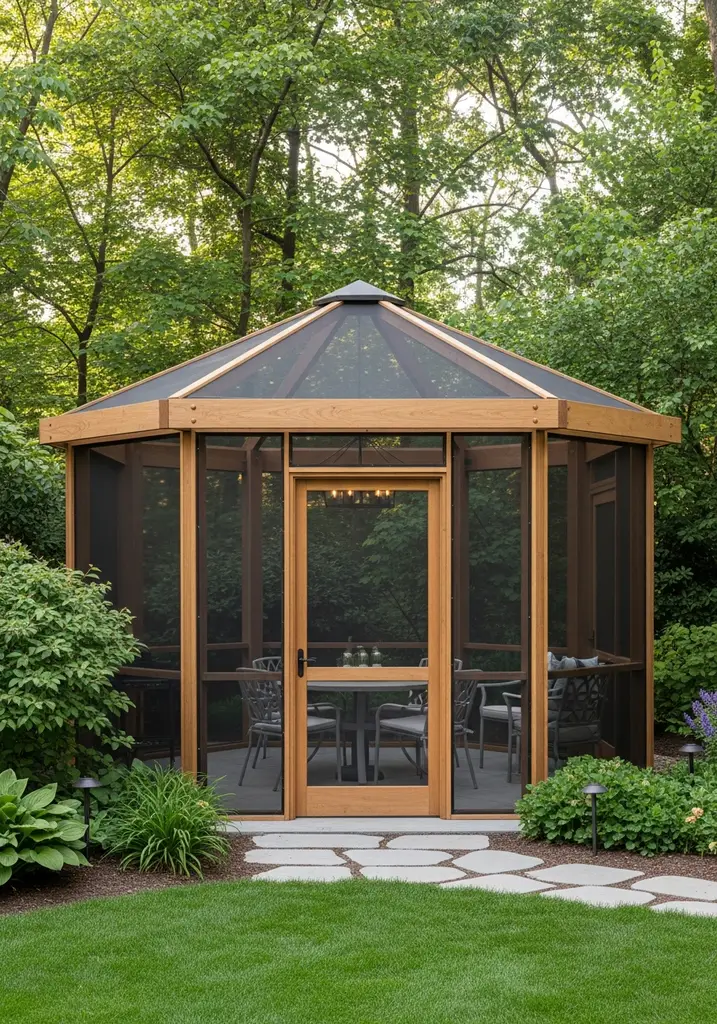 Wooden screened gazebo for bug-free outdoor dining