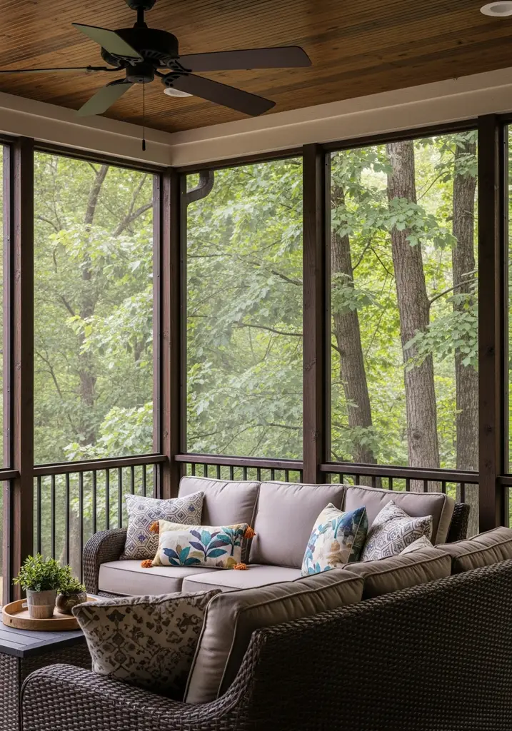 Cozy screened-in porch with wicker sofa and ceiling fan