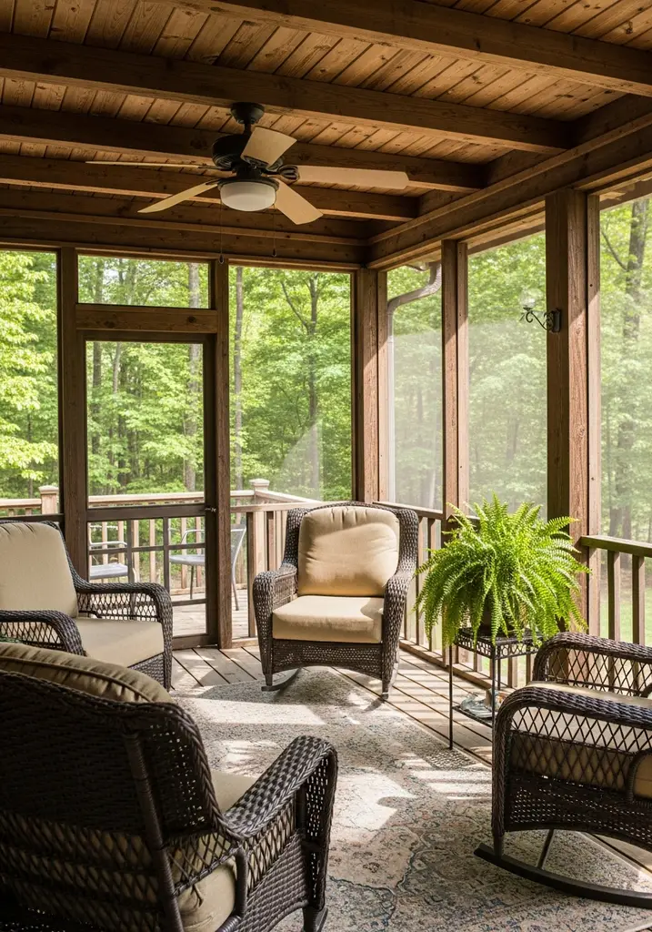 Cozy screened-in porch with wicker furniture and a ceiling fan