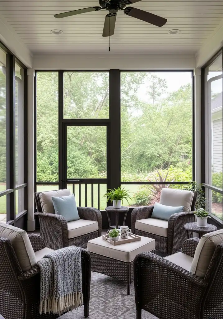 Cozy screened porch with wicker furniture and garden view